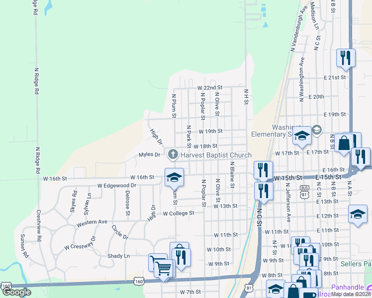map of restaurants, bars, coffee shops, grocery stores, and more near 1118 North Park Street in Wellington