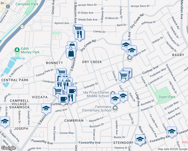 map of restaurants, bars, coffee shops, grocery stores, and more near 2433 New Jersey Avenue in San Jose