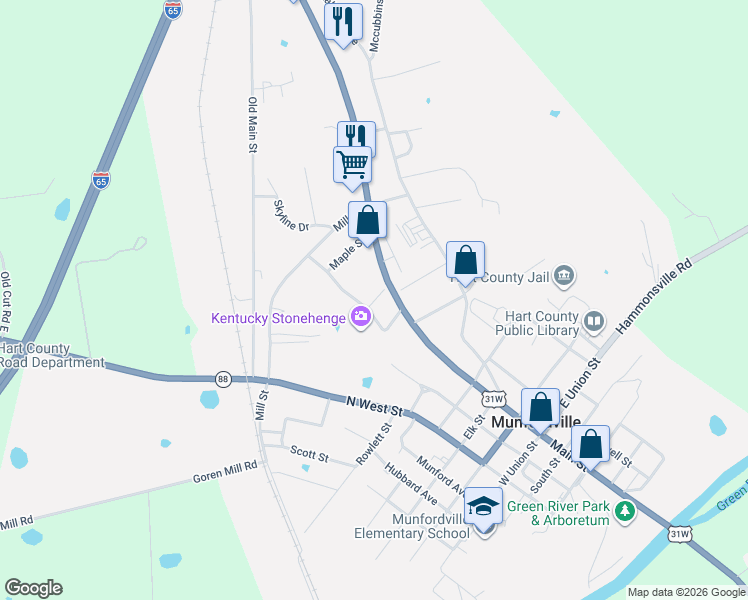 map of restaurants, bars, coffee shops, grocery stores, and more near 100-112 Chestnut in Munfordville