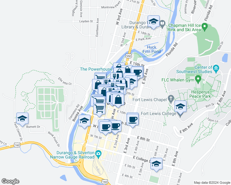 map of restaurants, bars, coffee shops, grocery stores, and more near 1199 Main Avenue in Durango