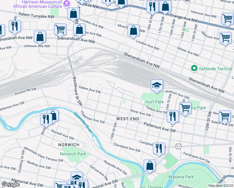 map of restaurants, bars, coffee shops, grocery stores, and more near 1817 Salem Avenue Southwest in Roanoke