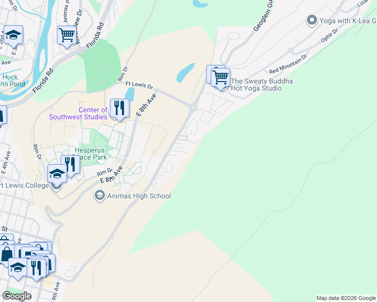 map of restaurants, bars, coffee shops, grocery stores, and more near 922 County Road 238 in Durango