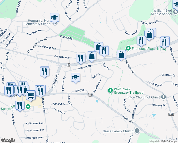 map of restaurants, bars, coffee shops, grocery stores, and more near 1305 Duke Dr in Vinton
