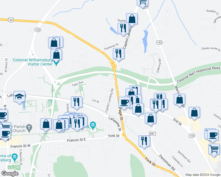 map of restaurants, bars, coffee shops, grocery stores, and more near 604 Capitol Landing Road in Williamsburg
