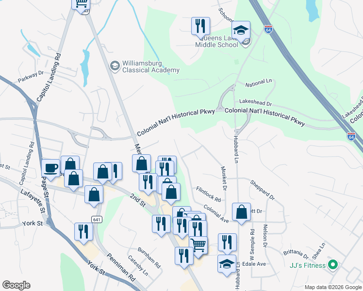 map of restaurants, bars, coffee shops, grocery stores, and more near 908 Colonial Avenue in Williamsburg
