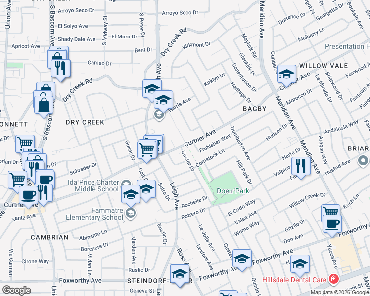 map of restaurants, bars, coffee shops, grocery stores, and more near 2532 Custer Dr in San Jose