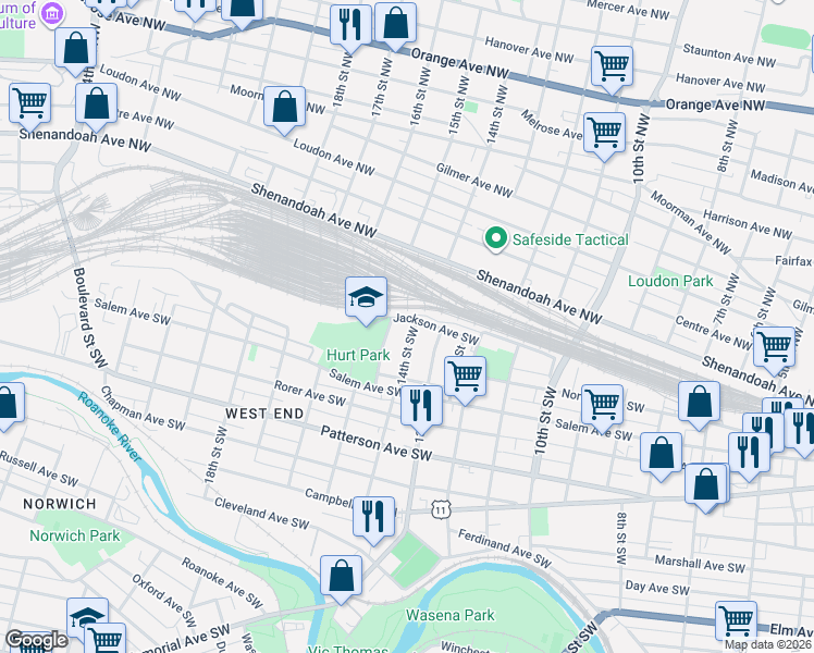 map of restaurants, bars, coffee shops, grocery stores, and more near 4 14th Street Southwest in Roanoke