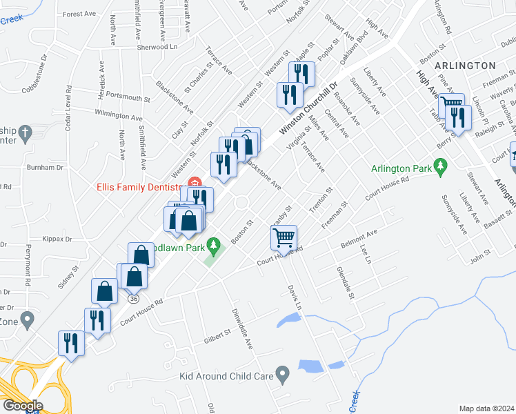 map of restaurants, bars, coffee shops, grocery stores, and more near 3317 Boston Street in Hopewell
