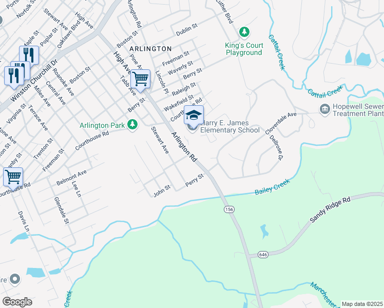 map of restaurants, bars, coffee shops, grocery stores, and more near 1919 Arlington Road in Hopewell