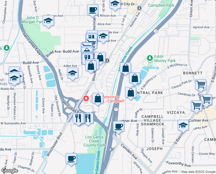 map of restaurants, bars, coffee shops, grocery stores, and more near 14 Timber Cove Drive in Campbell