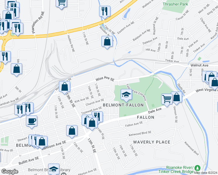 map of restaurants, bars, coffee shops, grocery stores, and more near 201 18th Street Southeast in Roanoke