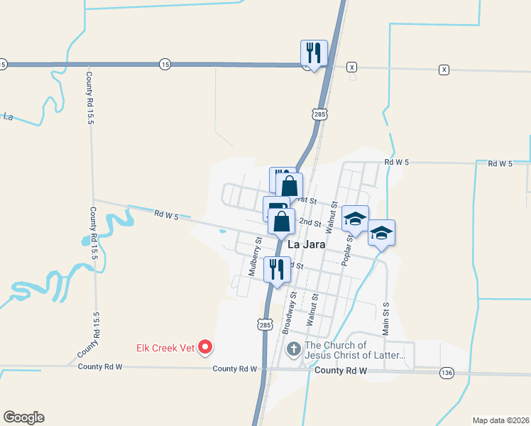 map of restaurants, bars, coffee shops, grocery stores, and more near 2 2nd Street in La Jara