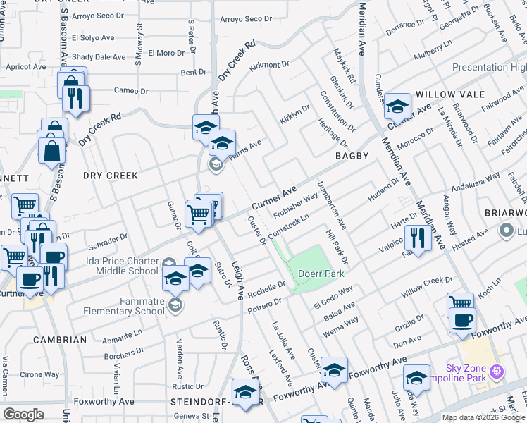 map of restaurants, bars, coffee shops, grocery stores, and more near 2532 Custer Drive in San Jose