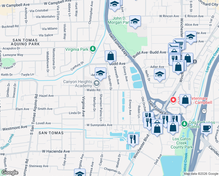 map of restaurants, bars, coffee shops, grocery stores, and more near 735 Sobrato Drive in Campbell