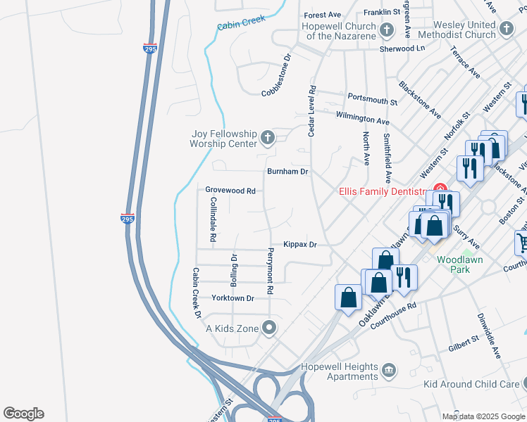 map of restaurants, bars, coffee shops, grocery stores, and more near 3907 Devenwood Avenue in Hopewell