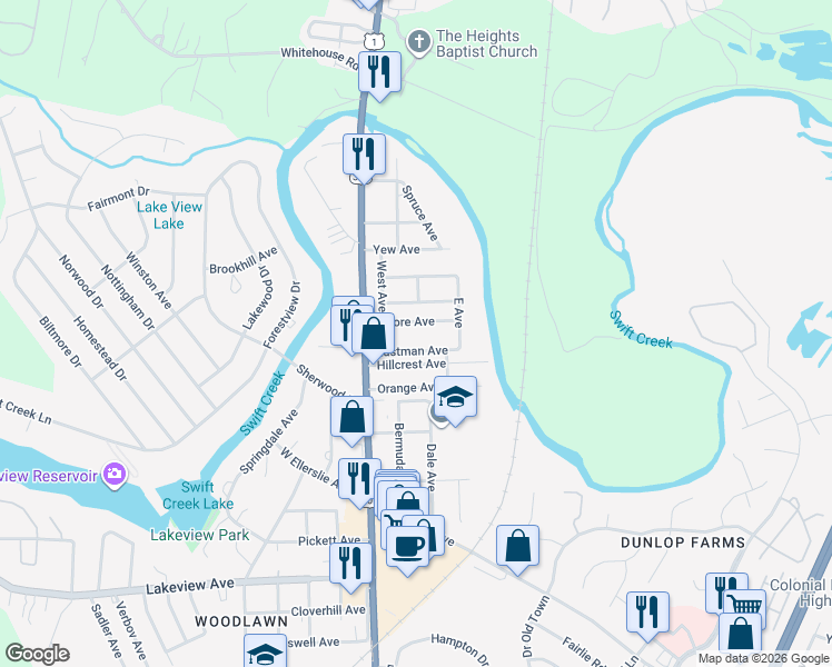 map of restaurants, bars, coffee shops, grocery stores, and more near 109 Moore Avenue in Colonial Heights