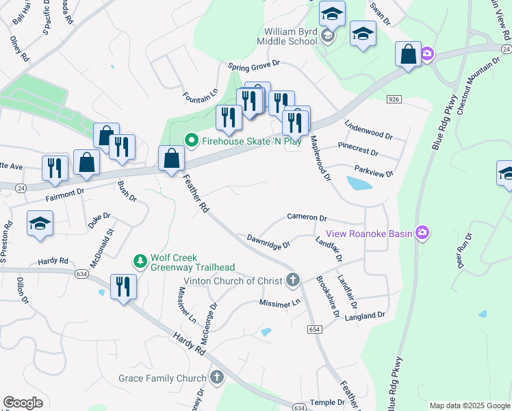 map of restaurants, bars, coffee shops, grocery stores, and more near 1818 Feather Road in Vinton