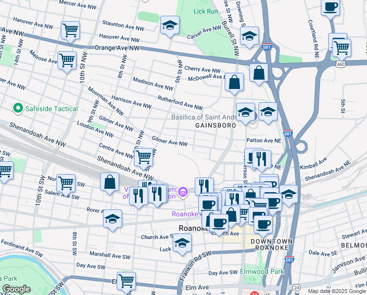 map of restaurants, bars, coffee shops, grocery stores, and more near 318 Gilmer Avenue Northwest in Roanoke