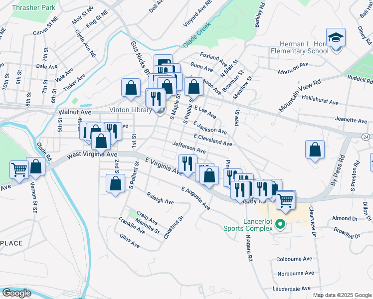 map of restaurants, bars, coffee shops, grocery stores, and more near 317 Jefferson Avenue in Vinton