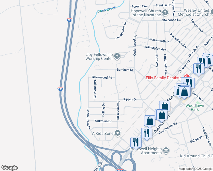 map of restaurants, bars, coffee shops, grocery stores, and more near 3907 Devenwood Avenue in Hopewell