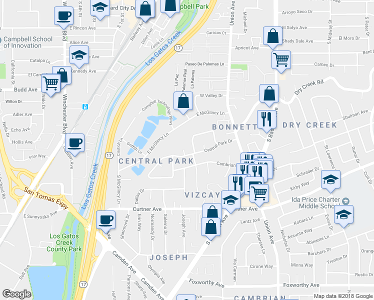 map of restaurants, bars, coffee shops, grocery stores, and more near 700 Parkdale Drive in Campbell