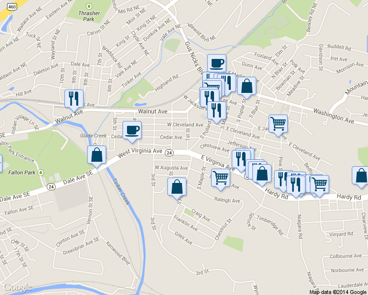 map of restaurants, bars, coffee shops, grocery stores, and more near 100 West Virginia Avenue in Vinton