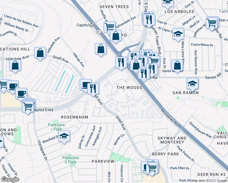 map of restaurants, bars, coffee shops, grocery stores, and more near 4300 The Woods Drive in San Jose