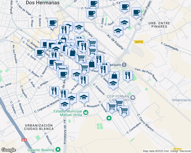 map of restaurants, bars, coffee shops, grocery stores, and more near 4 Calle Ronda in Dos Hermanas