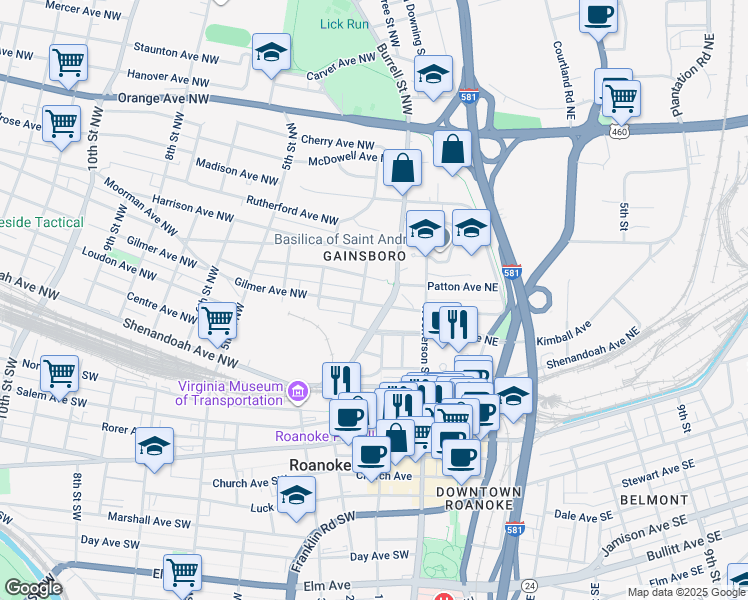 map of restaurants, bars, coffee shops, grocery stores, and more near 125 Gilmer Avenue Northwest in Roanoke