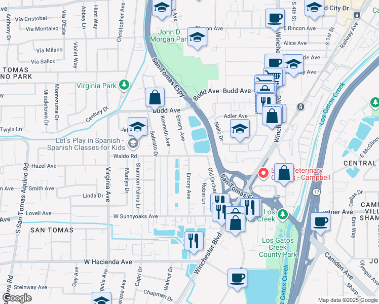 map of restaurants, bars, coffee shops, grocery stores, and more near 730 Emory Avenue in Campbell