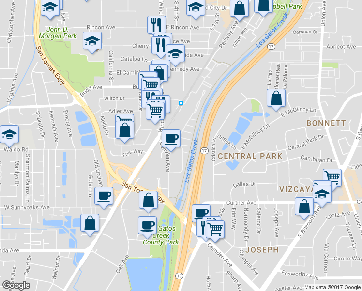 map of restaurants, bars, coffee shops, grocery stores, and more near 14 Timber Cove Drive in Campbell