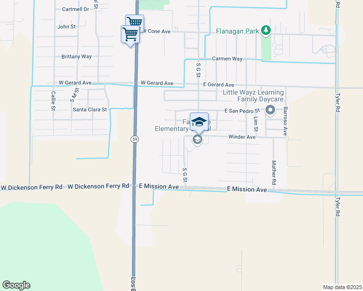 map of restaurants, bars, coffee shops, grocery stores, and more near 548 Barcelona Court in Merced