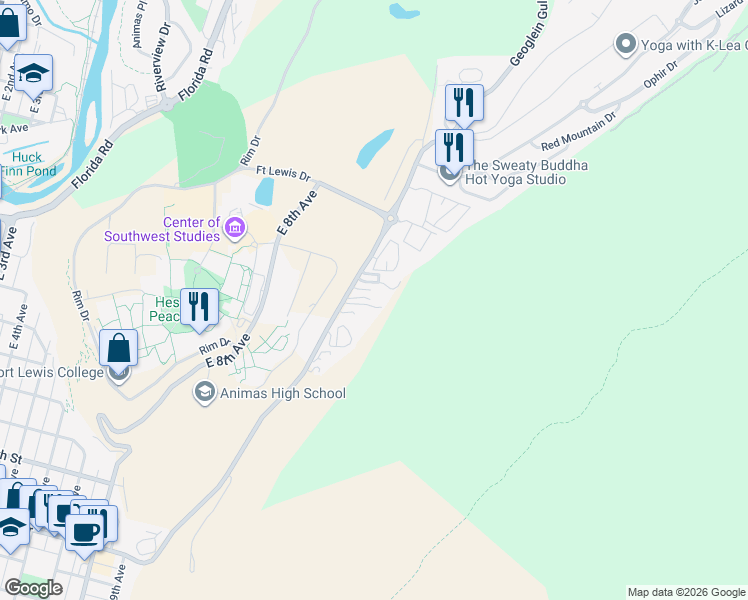 map of restaurants, bars, coffee shops, grocery stores, and more near 942 County Road 238 in Durango