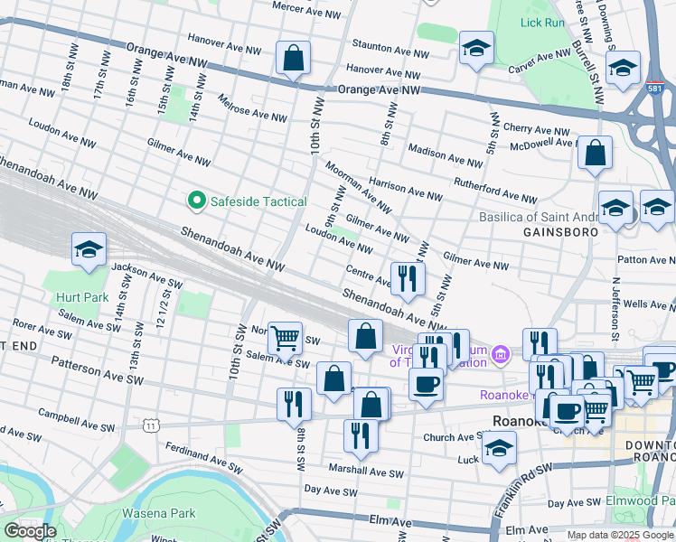 map of restaurants, bars, coffee shops, grocery stores, and more near 806 Centre Avenue Northwest in Roanoke