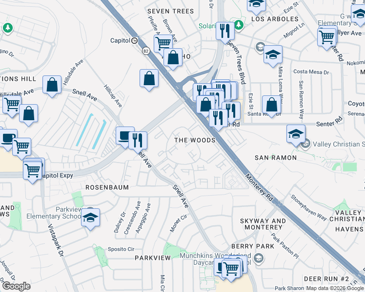 map of restaurants, bars, coffee shops, grocery stores, and more near 4300 The Woods Drive in San Jose