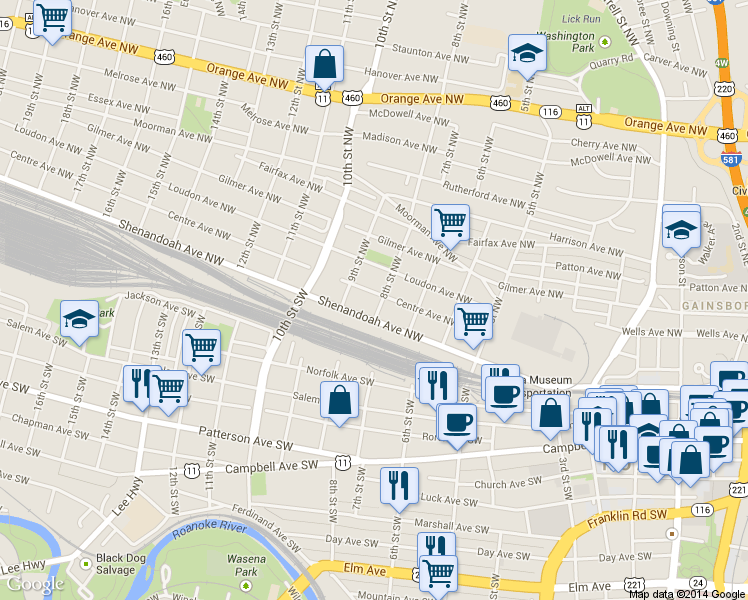 map of restaurants, bars, coffee shops, grocery stores, and more near 806 Centre Avenue Northwest in Roanoke