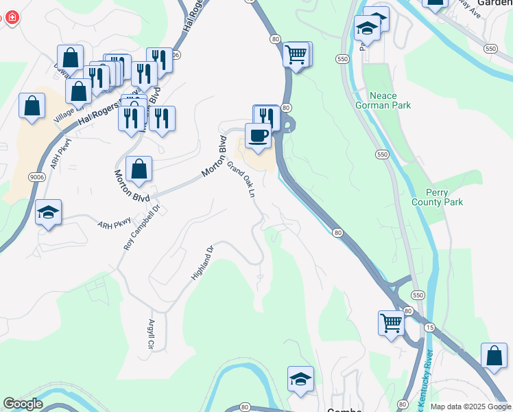 map of restaurants, bars, coffee shops, grocery stores, and more near Grand Oak Lane in Hazard