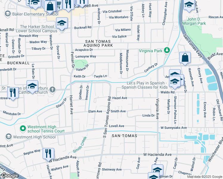 map of restaurants, bars, coffee shops, grocery stores, and more near 700 South San Tomas Aquino Road in Campbell