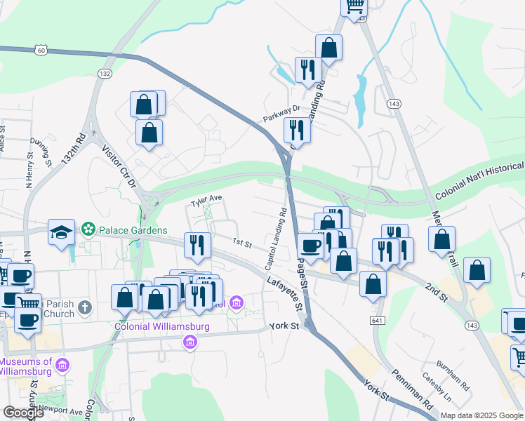 map of restaurants, bars, coffee shops, grocery stores, and more near 111 Washington Street in Williamsburg