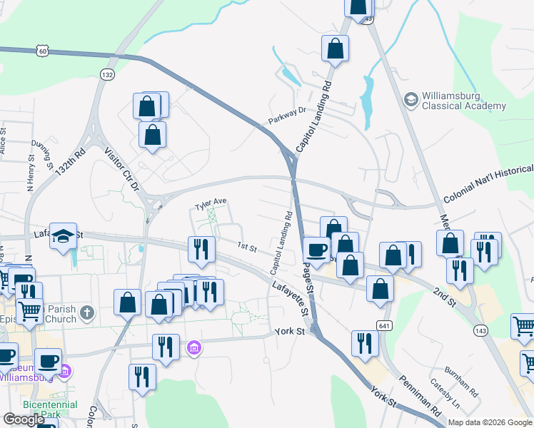 map of restaurants, bars, coffee shops, grocery stores, and more near 113 Washington Street in Williamsburg