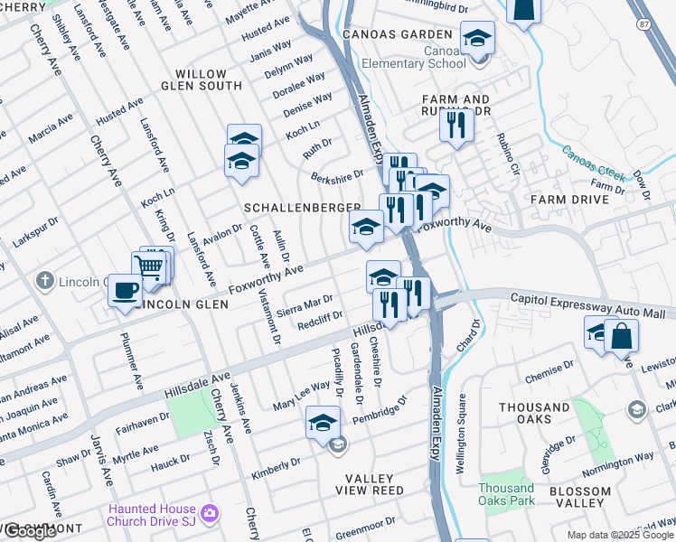 map of restaurants, bars, coffee shops, grocery stores, and more near 1223 Willo Mar Drive in San Jose