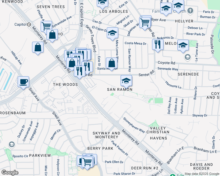 map of restaurants, bars, coffee shops, grocery stores, and more near 160 San Ramon Dr in San Jose