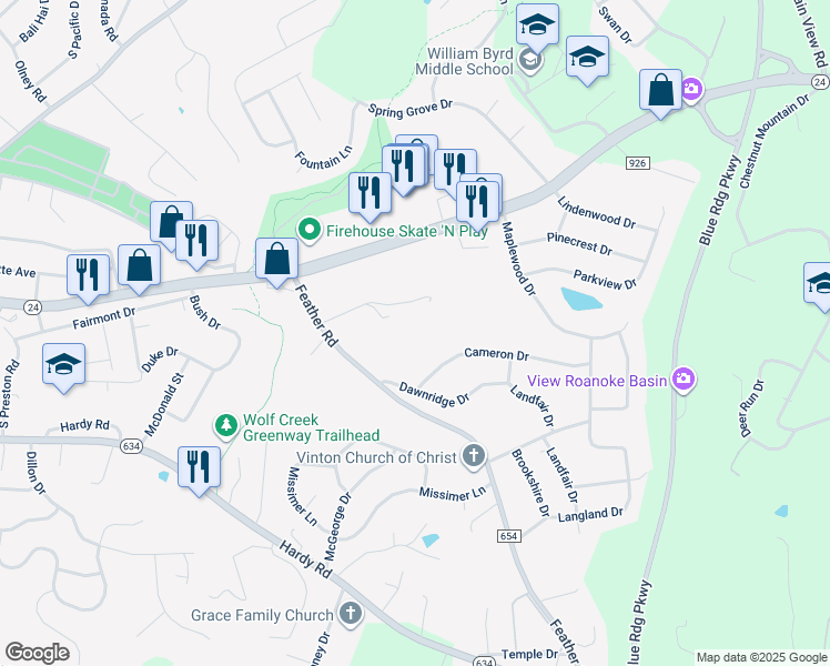 map of restaurants, bars, coffee shops, grocery stores, and more near 1818 Feather Road in Vinton