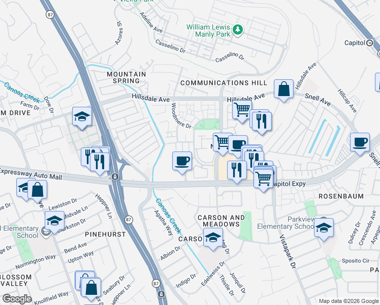 map of restaurants, bars, coffee shops, grocery stores, and more near 3388 City Lights Place in San Jose