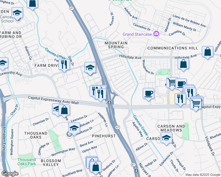 map of restaurants, bars, coffee shops, grocery stores, and more near 112 Lilac Lane in San Jose