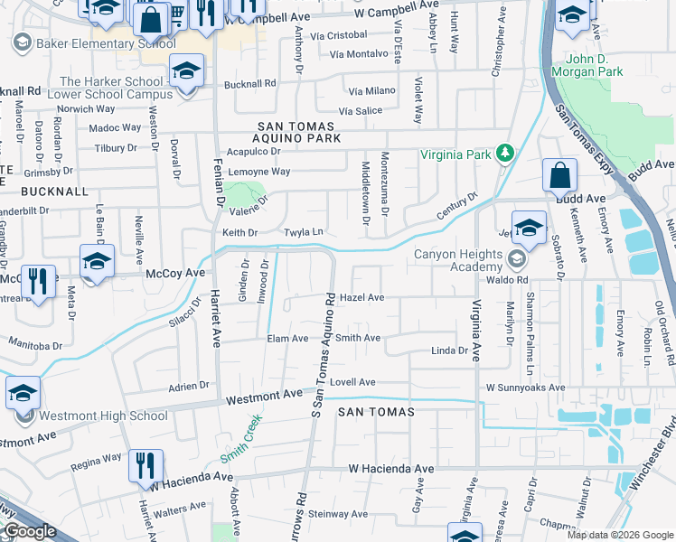 map of restaurants, bars, coffee shops, grocery stores, and more near 700 South San Tomas Aquino Road in Campbell