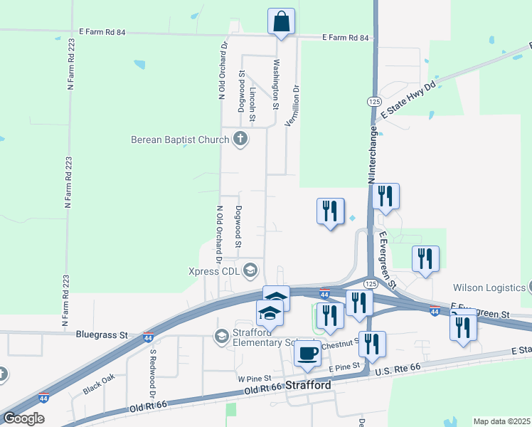 map of restaurants, bars, coffee shops, grocery stores, and more near 405 North Airport Road in Strafford