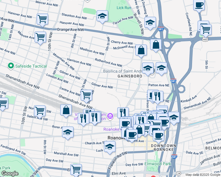 map of restaurants, bars, coffee shops, grocery stores, and more near 318 Gilmer Avenue Northwest in Roanoke