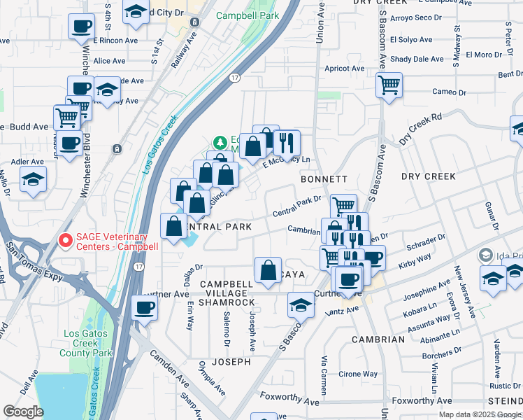 map of restaurants, bars, coffee shops, grocery stores, and more near 701 Sweetbriar Drive in Campbell