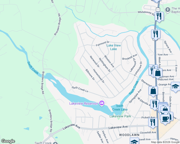map of restaurants, bars, coffee shops, grocery stores, and more near 213 Biltmore Drive in Colonial Heights